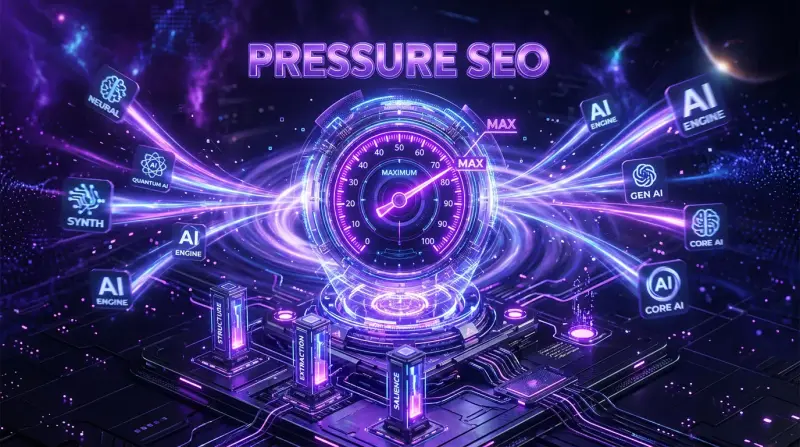 Pressure SEO methodology diagram showing three pillars — Structural Pressure, Extraction Pressure, and Salience Pressure — with data infrastructure nodes