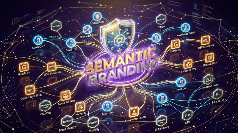 Semantic Branding methodology diagram showing proprietary terminology registration in the Knowledge Graph with DefinedTerm schema and attribution chains