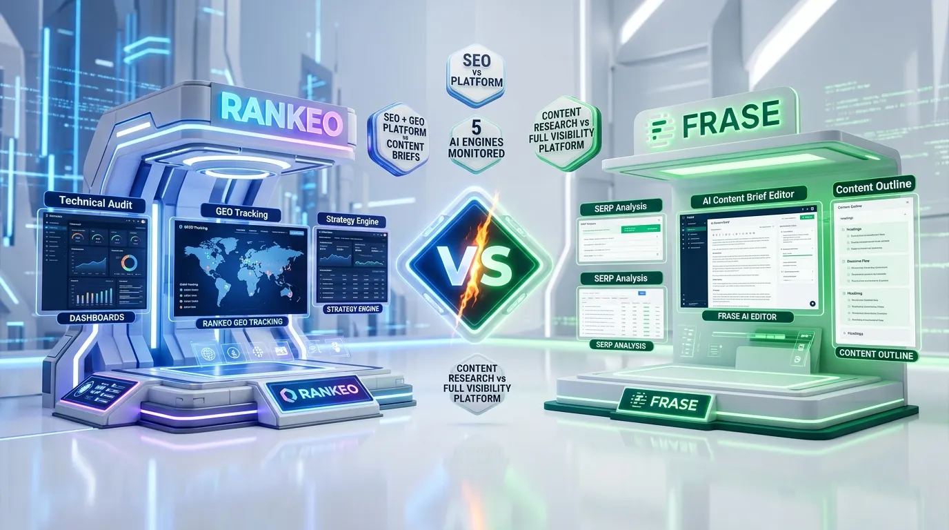 Rankeo vs Frase comparison — SEO and AI visibility platform features side by side