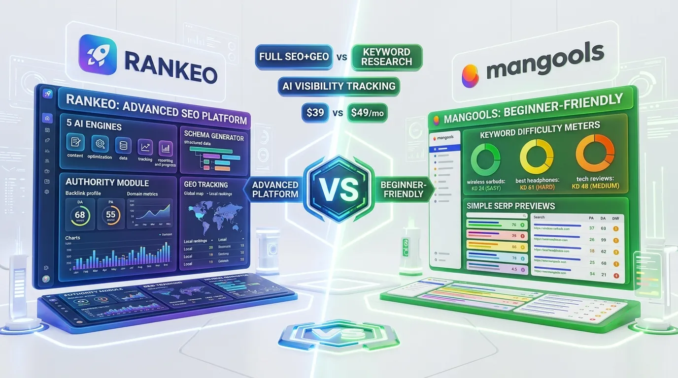 Rankeo vs Mangools comparison — SEO and AI visibility platform features side by side