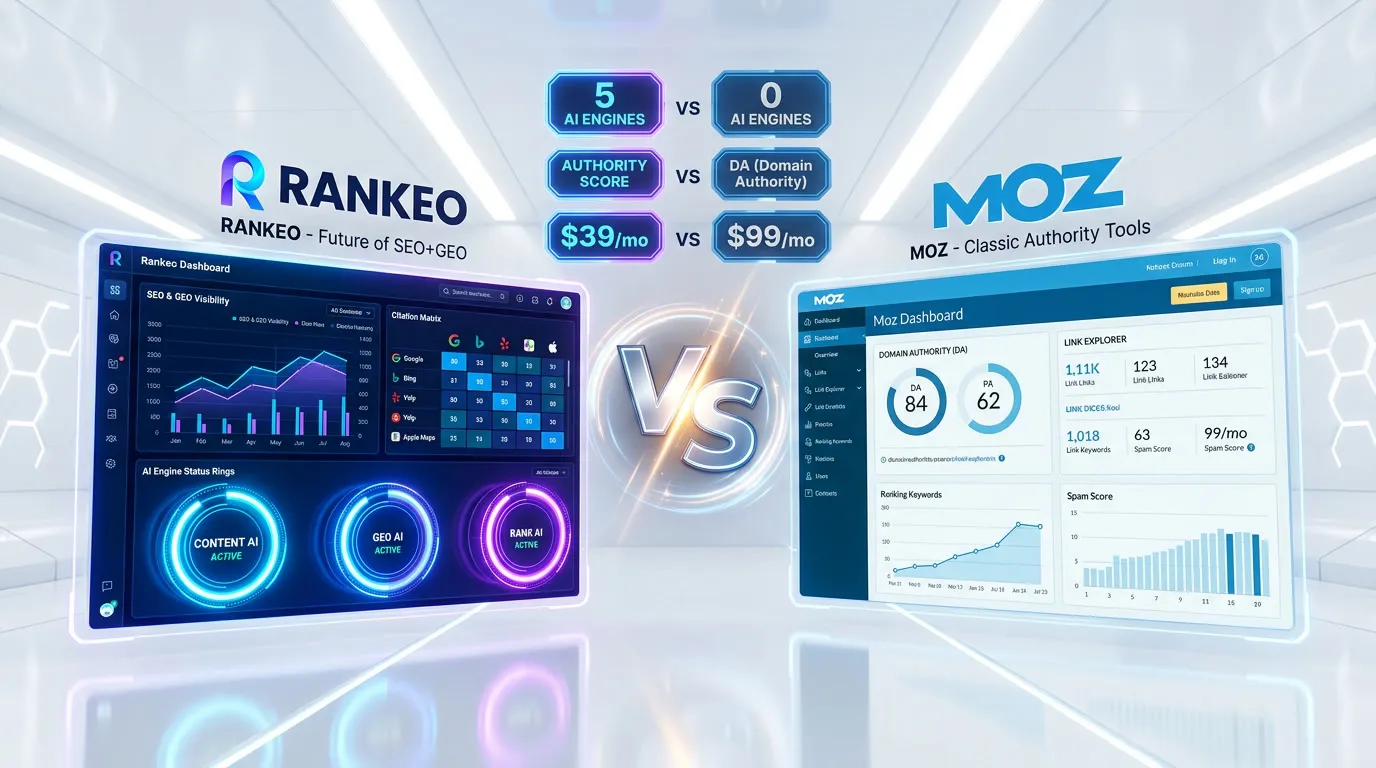 Rankeo vs Moz comparison — SEO and AI visibility platform features side by side