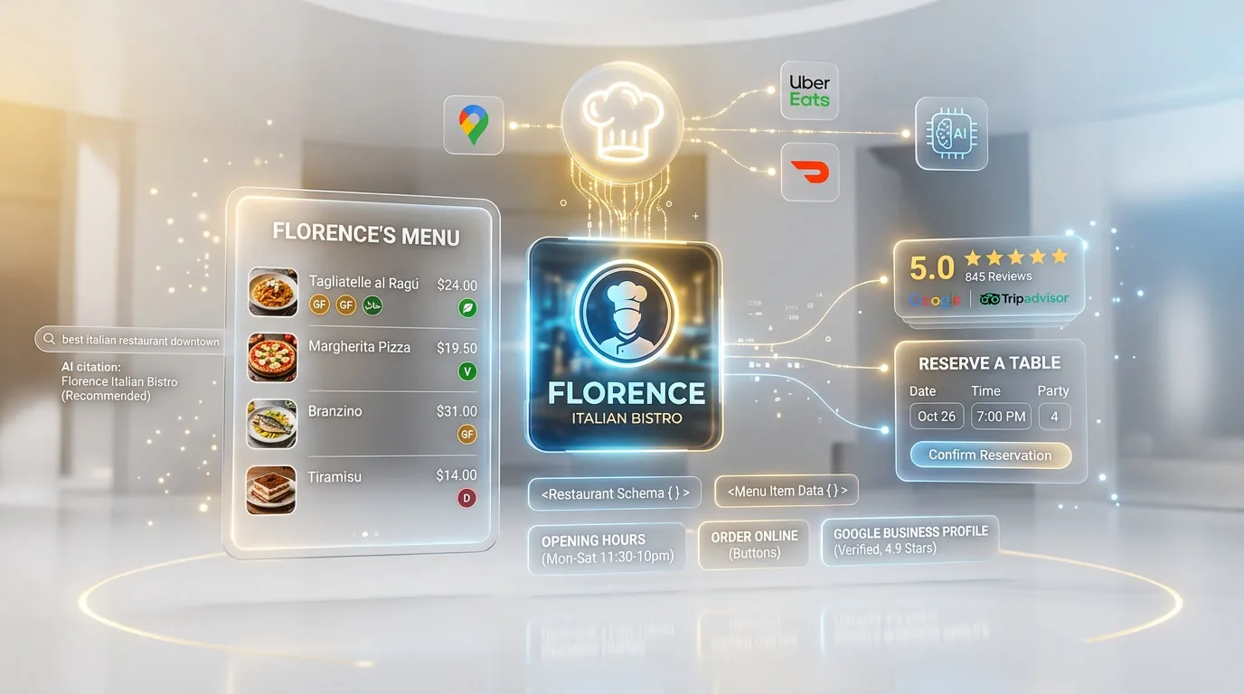 Restaurant SEO and AI visibility optimization with local business and menu schema