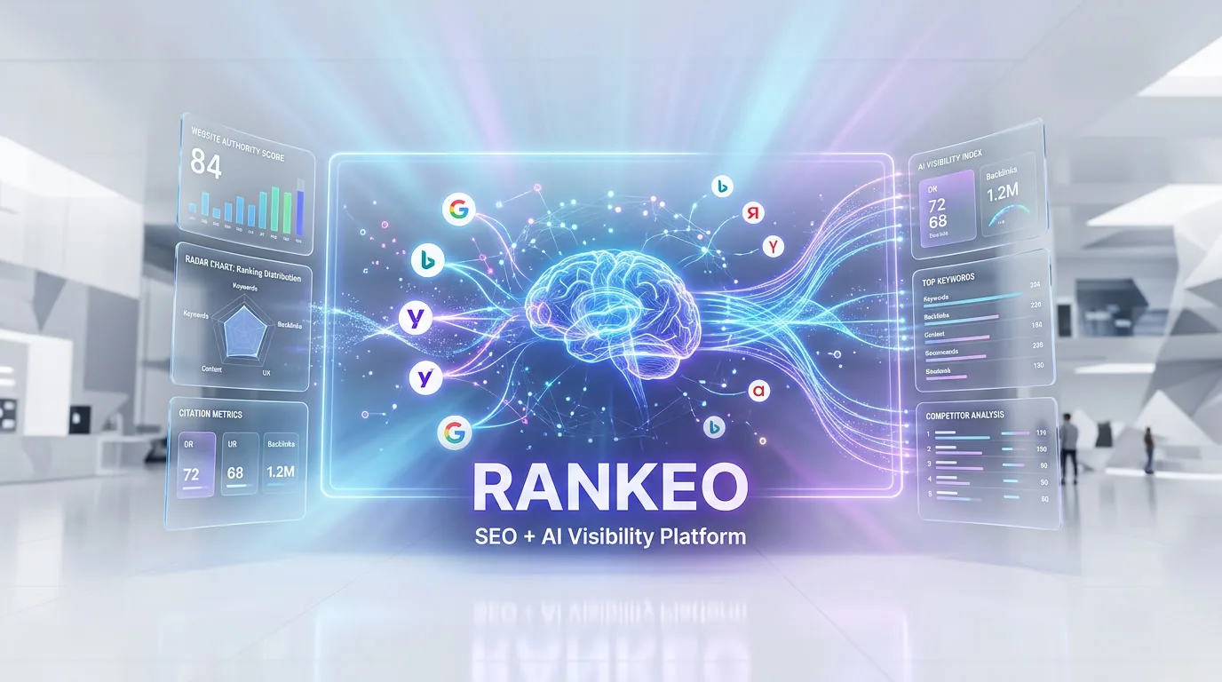 Rankeo SEO + AI Visibility Platform dashboard showing authority score, citation metrics, and keyword rankings