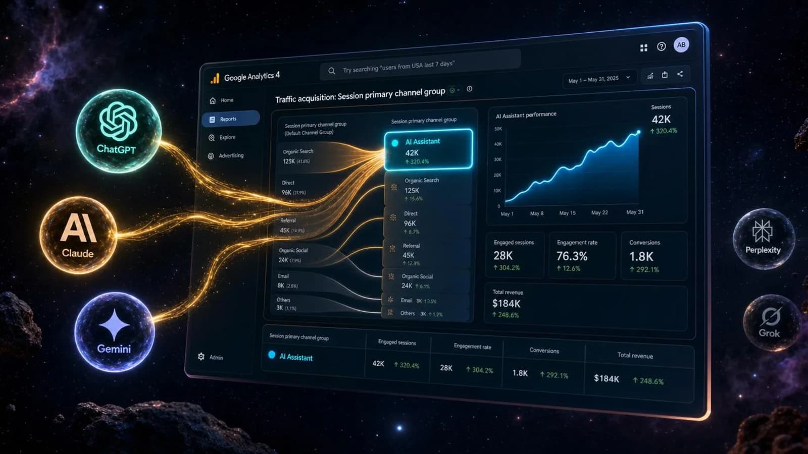3D render of a Google Analytics dashboard floating in deep cosmic space with the new 'AI Assistant' channel highlighted, glowing streams of ChatGPT, Claude, and Gemini icons flowing into it, electric cyan, violet, and gold lighting