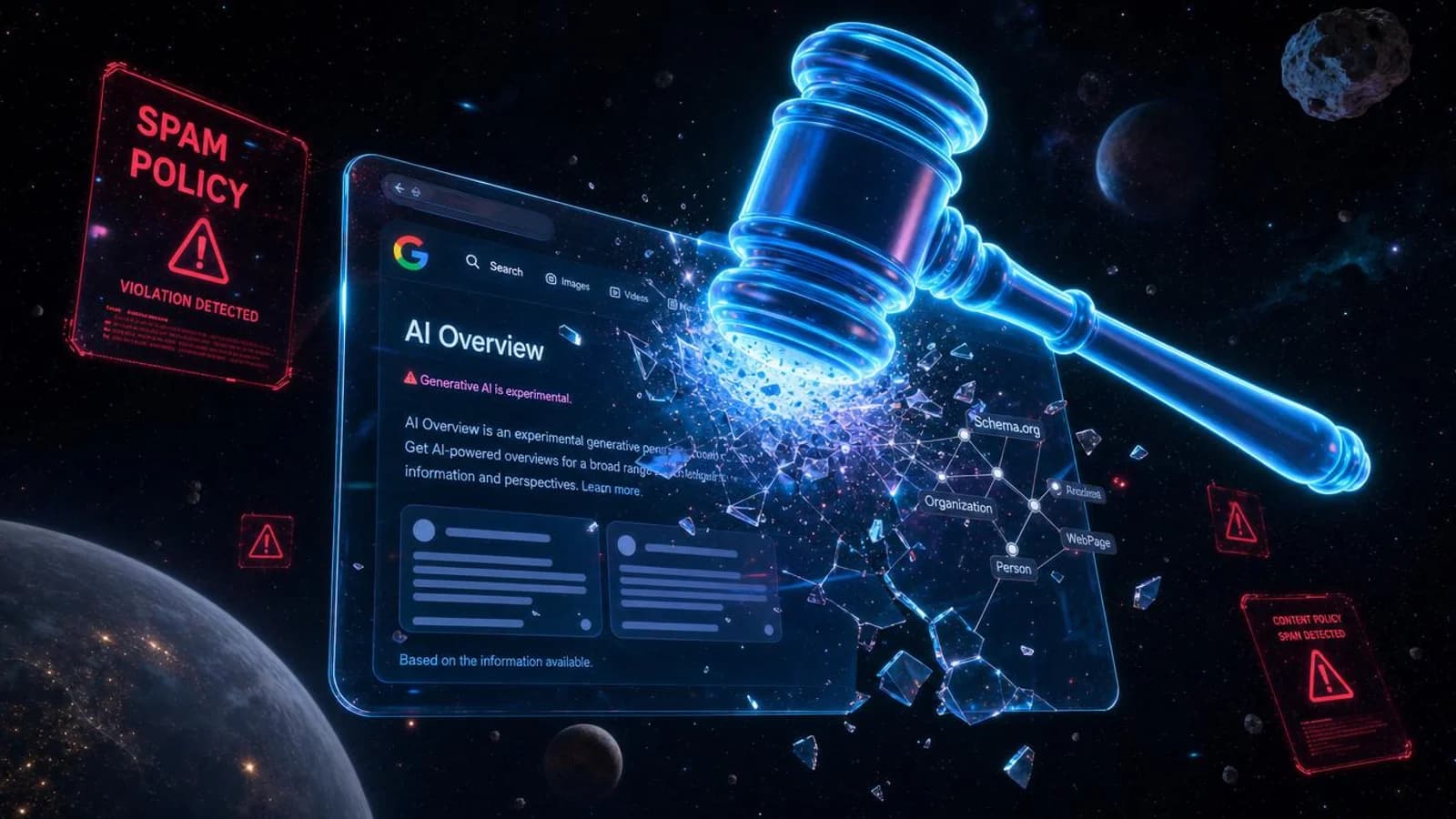 A photorealistic 3D render of a judge gavel striking a glowing AI Overview interface surrounded by warning glyphs, suspended in deep cosmic space with electric cyan, violet and gold highlights — Rankeo News.