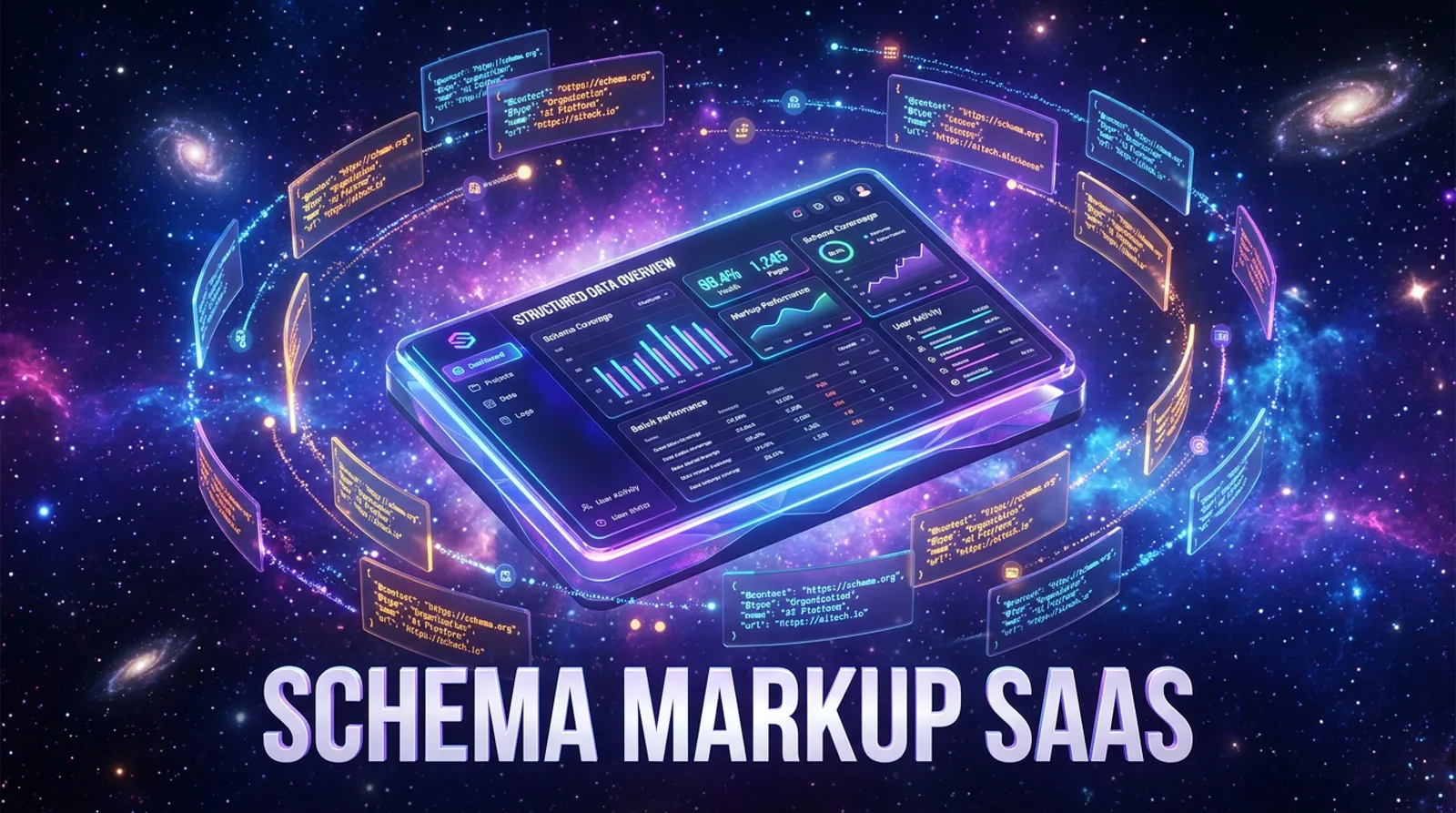 Schema Markup SaaS — 3D render of a floating SaaS dashboard surrounded by orbiting JSON-LD schema code blocks