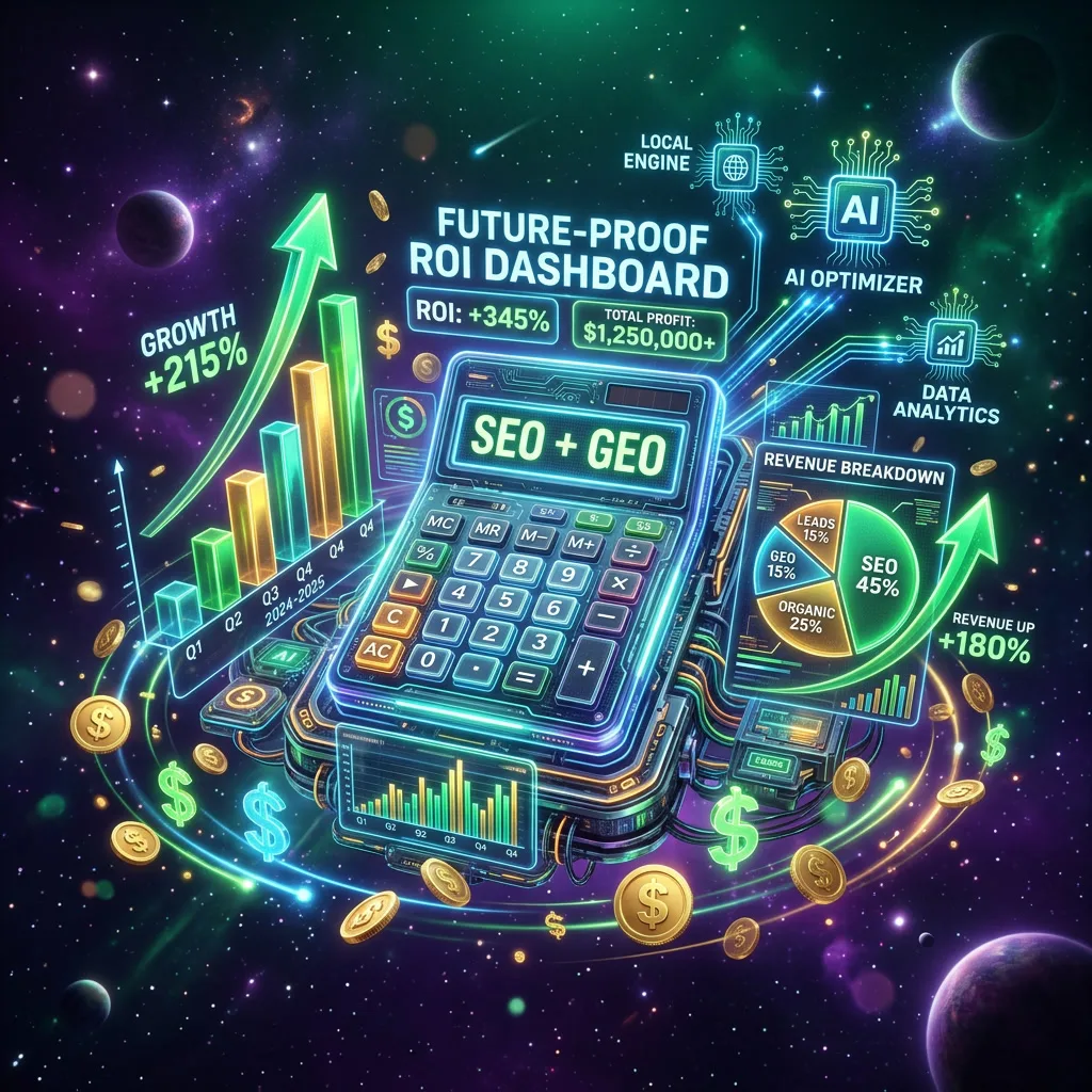 SEO ROI Calculator — 3D render of a futuristic ROI dashboard floating in space with rising bar charts, a calculator hologram, and gold coins orbiting around it
